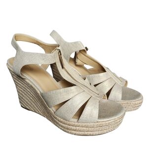 Michael Kors Espadrille Wedge Sandals Size 11M Gold Shimmer Zip Front Platform